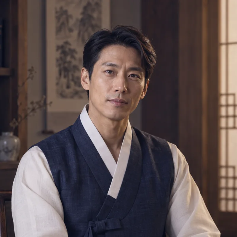 남색 조끼 개량한복을 입고 손을 모으고 앉은 40대 남성 사주 상담가
