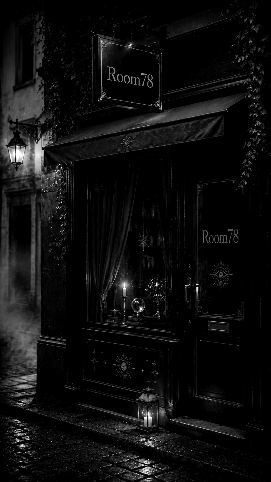 A candlelit tarot shop exterior at night